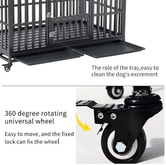 Heavy Duty Dog Crate Large Dog Cage Strong Metal Dog Kennels And Crates For Large Dogs With 4 Lockable Wheels - Black