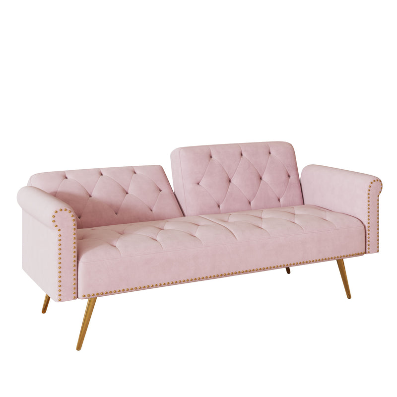 Velvet Nail Head Sofa Bed With Throw Pillow