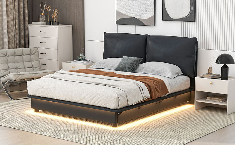 Queen Size Upholstered Platform Bed with Sensor Light and Ergonomic Design Backrests, Black