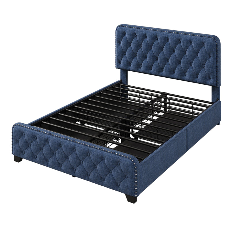 Upholstered Platform Bed Frame with Four Drawers, Button Tufted Headboard and Footboard Sturdy Metal Support, No Box Spring Required, Blue, Full (Old sku:BS300281AAC)