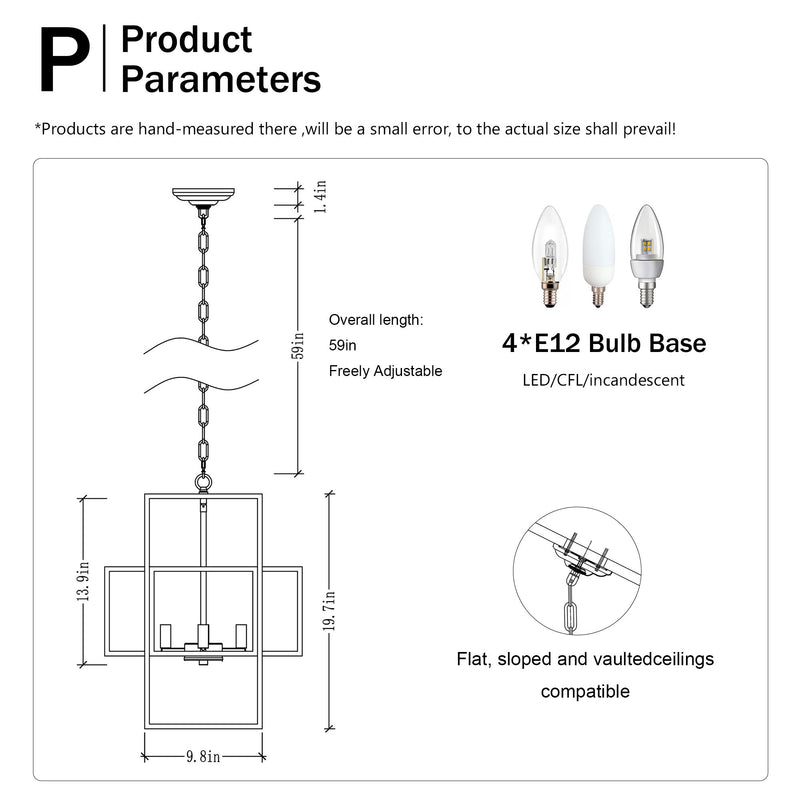 4 Light Metal Lantern Tiered Pendant Hanging Light Fixtures, Industrial Farmhouse Adjustable Height Chandeliers For Dining Room Hallway Foyer Entryway (E12 Bulbs Not Included)
