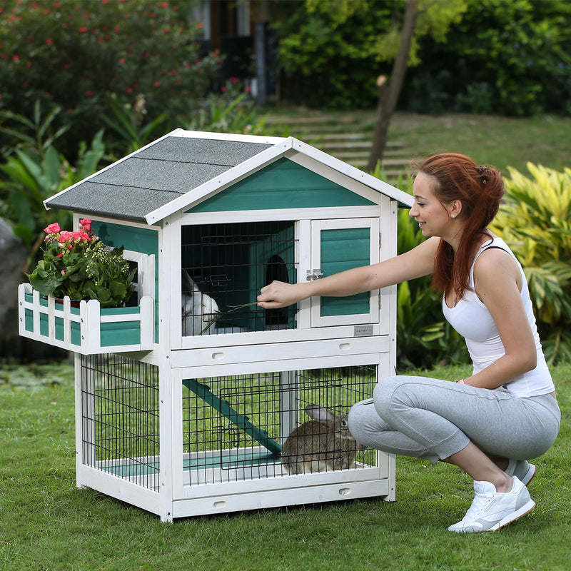 2 Story Wooden Rabbit Hutch Outdoor Indoor Bunny Cage Pull Out Tray, Waterproof Roof - Green