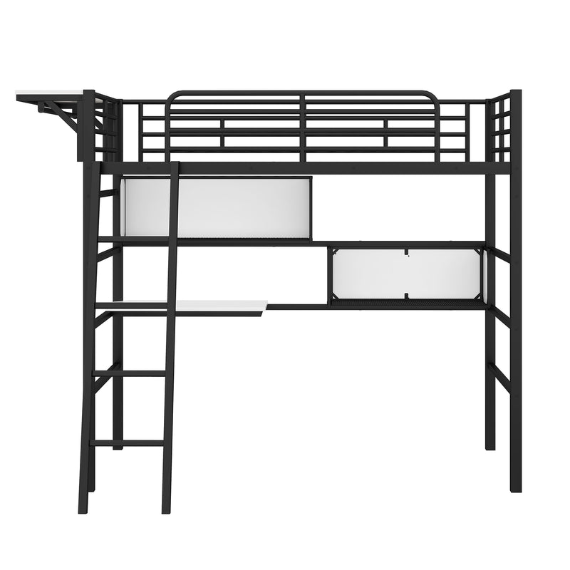 Twin Size Metal Loft Bed with 2 Shelves, a desk and a Hanging Clothes Rack, Black and White