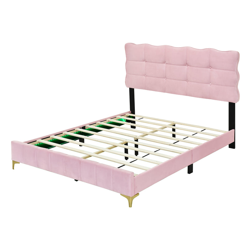 Queen Size Velvet Platform Bed with LED Frame and Stylish Mental Bed Legs, Pink