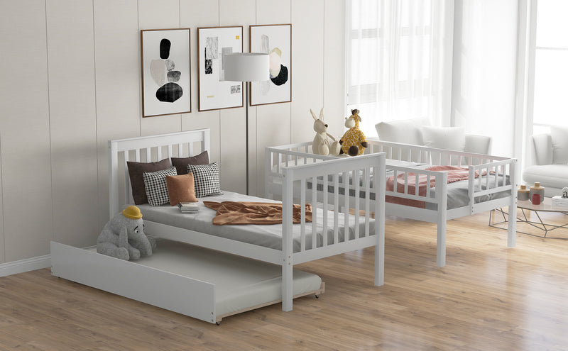 Twin over Twin Bunk Bed with Trundle and Storage, White