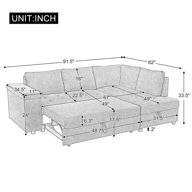 L Shaped Couch With Pull Out Bed And Storage Sectional Sleeper Sofa With Hidden Storage, Wide Armrest With Storage, For Living Room, Apartment, Bedroom, Office