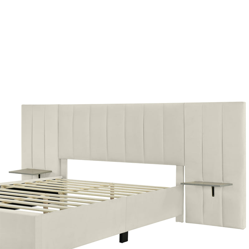 Queen Size Upholstered Platform Bed with Big Headboard, Bedroom Furniture, Velvet, Beige