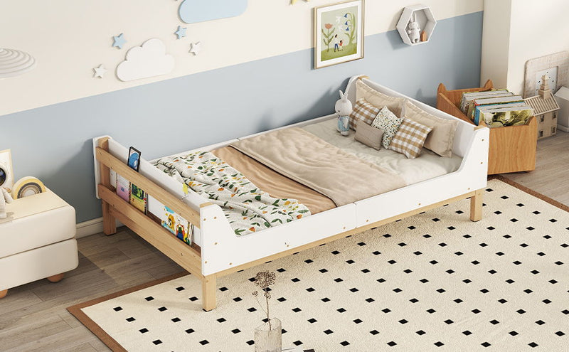 Bed With Headboard, Footboard, Safeguards, Built-In Bed-End Book Storage Rack