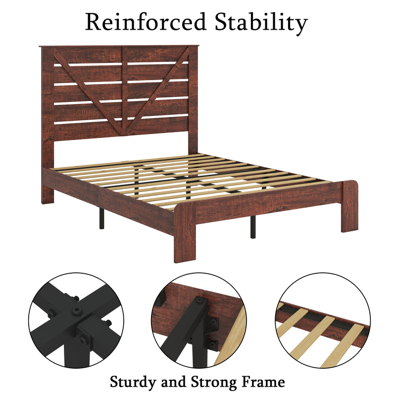 Queen Bed Frame Headboard , Wood Platform Bed Frame , Noise Free,No Box Spring Needed and Easy Assembly Tool,Large Under Bed Storage, Vintage Brown