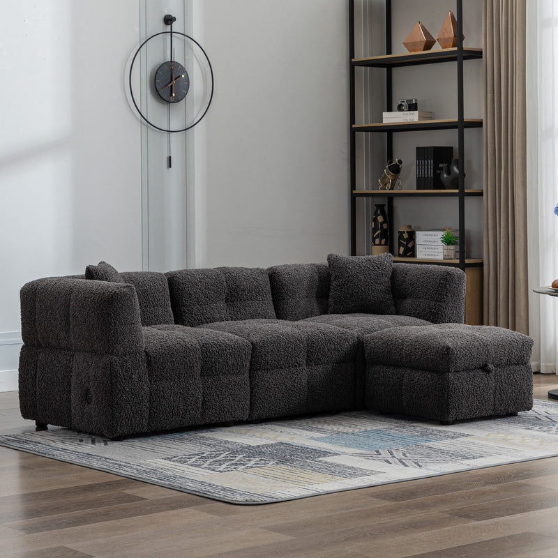 Sectional Sofa Cozy Teddy Fleece Sectional Sofa Couch With Two USB Ports A Movable Storage Ottoman And Two Lumbar Pillows For Living Room