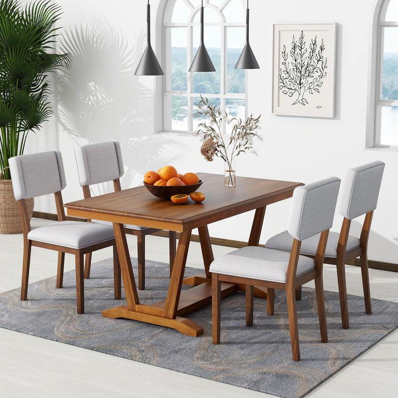 Topmax - 5 Piece Rustic Dining Table Set With 4 Upholstered Chairs, Rectangular Dining Table With Trestle Table Base