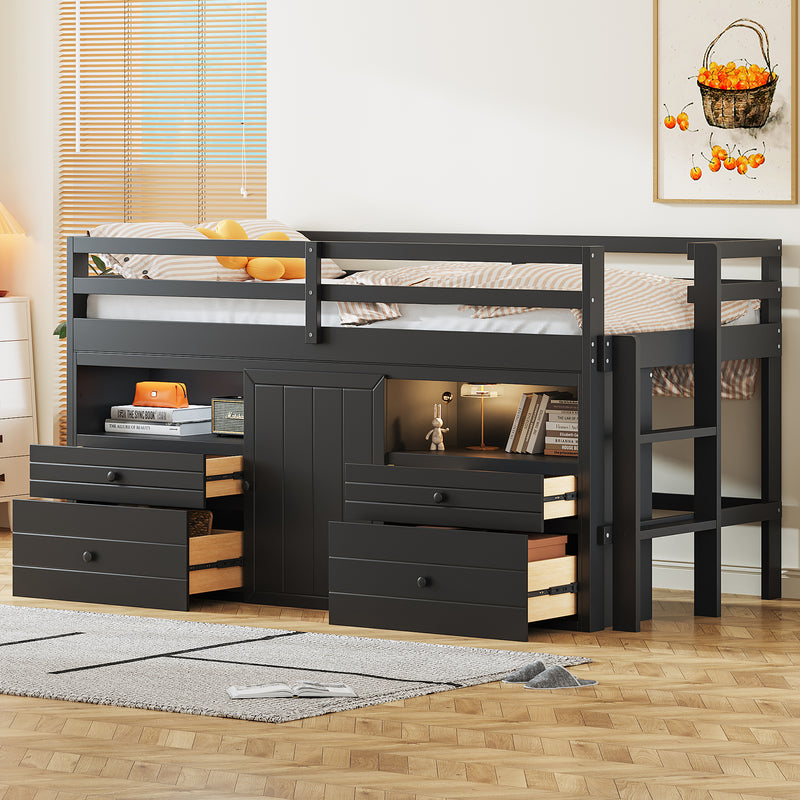 Twin Size Loft Bed with 4 Drawers, Underneath Cabinet and Shelves, Espresso