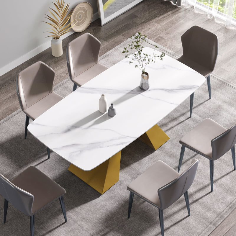 Modern Artificial Stone Curved Metal Leg Dining Table, Can Accommodate 6-8 People - White / Gold