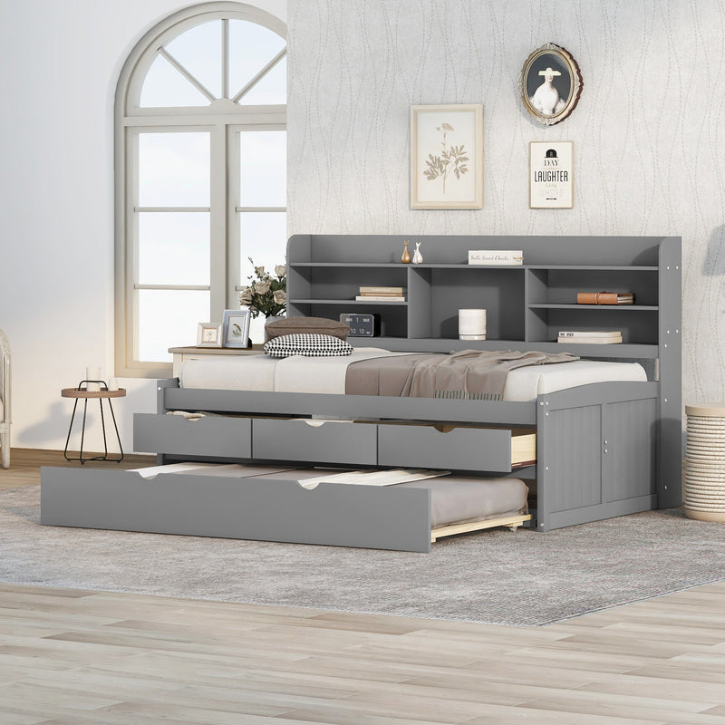 Twin Size Wooden Captain Bed with Built-in Bookshelves,Three Storage Drawers and Trundle,Light Grey