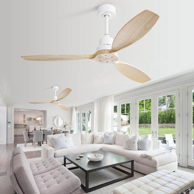 Wooden Ceiling Fan White 3 Solid Wood Blades Remote Control Reversible Dc Motor Without Light - Light Brown / White