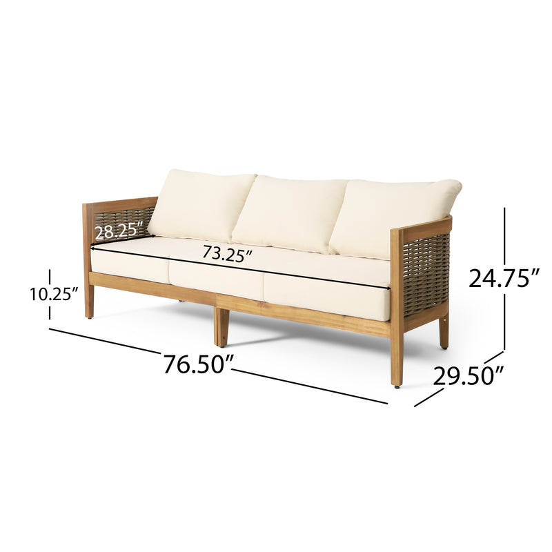 76.5'' Outdoor Acacia Wood and Round Wicker 3 Seater Patio Sofa, Teak + Mixed Brown + Beige