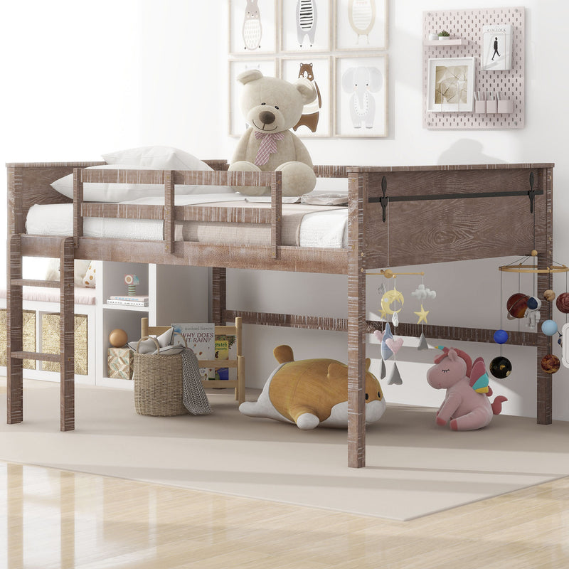 Wood Full Size Loft Bed with Hanging Clothes Racks, White Rustic Natural