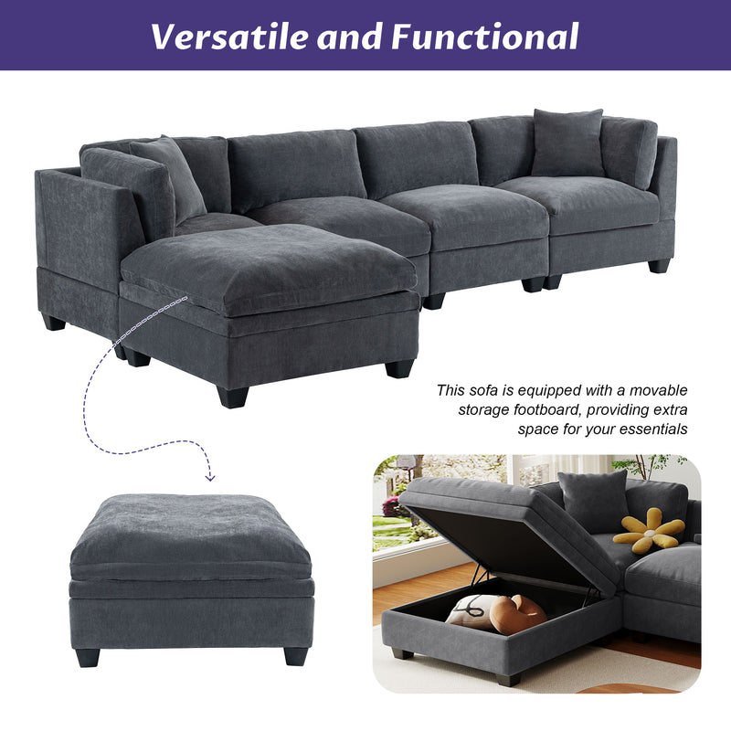 U-style Upholstered Modular Sofa with Removable Storage Ottoman, 2 hidden cup holders, Sectional sofa for Living Room Apartment(5-Seater)