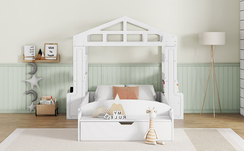 Twin Size House Bed with Bench, Socket and Shelves, White