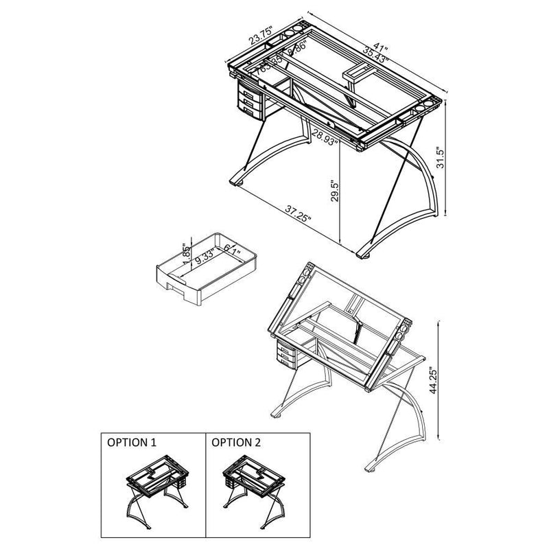 Melo - Glass Top Drafting Table With Storage - Silver