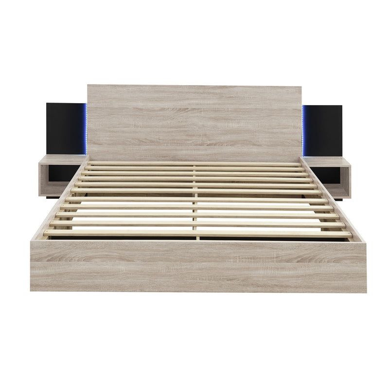 Floating Platform Bed, With LED Lights, Bedside Nightstand