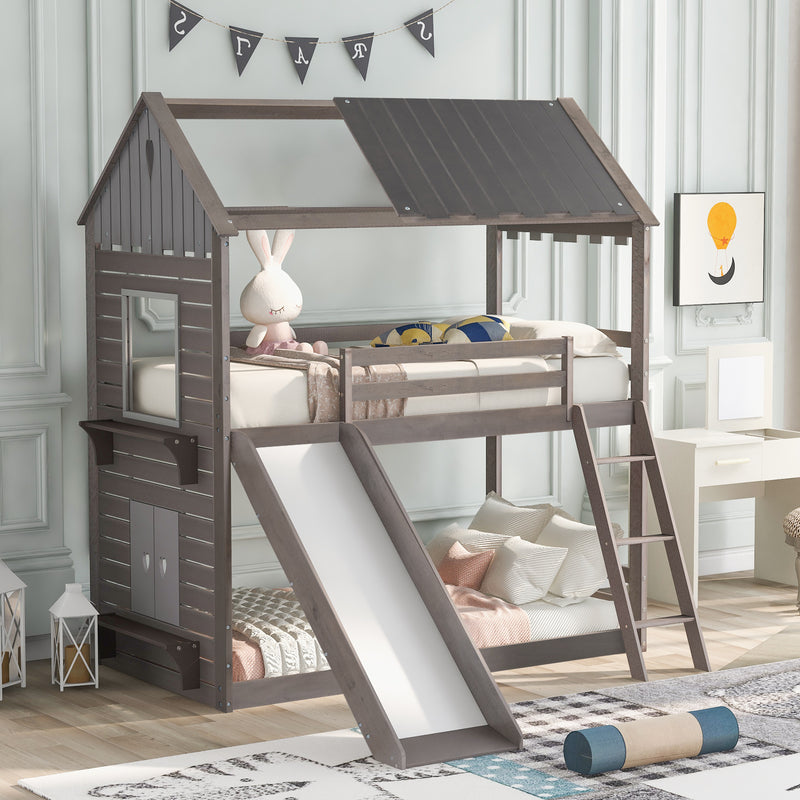 Twin Over Twin Bunk Bed Wood Bed with Roof, Window, Slide, Ladder ,Antique Gray(OLD SKU:LP000059AAE)