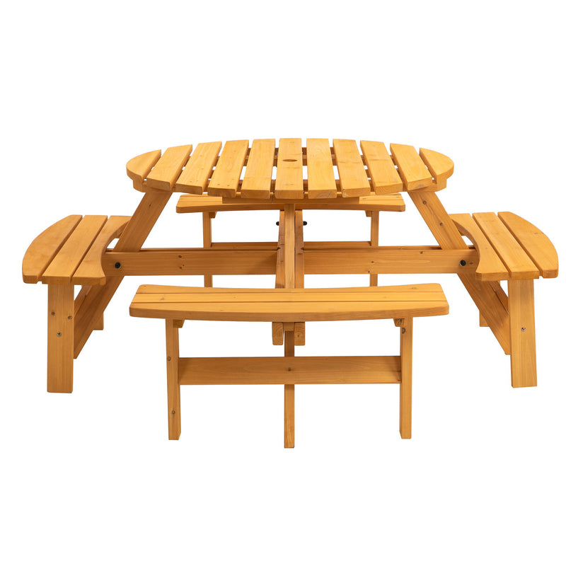 8 Person Wooden Picnic Table, Outdoor Camping Dining Table With Seat, Garden, Diy With 4 Built-In Benches, 2220Lb Capacity