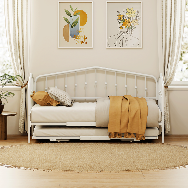 Twin Size Stylish Metal Daybed with Twin Size Adjustable Trundle, Portable Folding Trundle, White