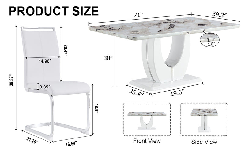 Table and chair set, modern minimalism and luxurious white rectangular pattern dining table.  Soft and comfortable dining chair, for dining room, living room, terrace and kitchen.