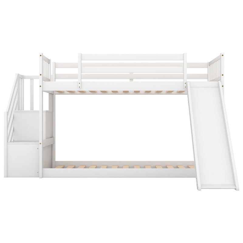 Twin over Twin Bunk Bed with Convertible Slide and Stairway, White