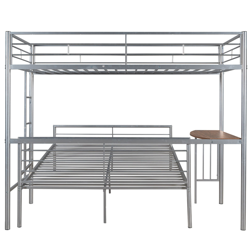 Twin Over Full Metal Bunk Bed With Desk, Ladder And Quality Slats For Bedroom - Silver