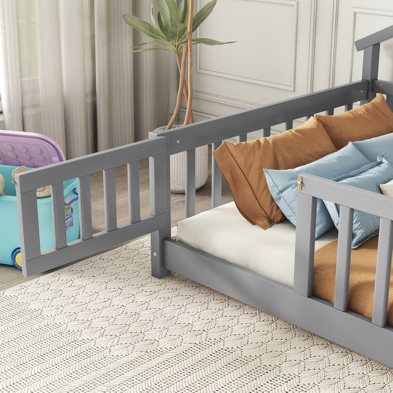 Twin House-Shaped Bedside Floor Bed with Guardrails, Slats, with Door,Grey