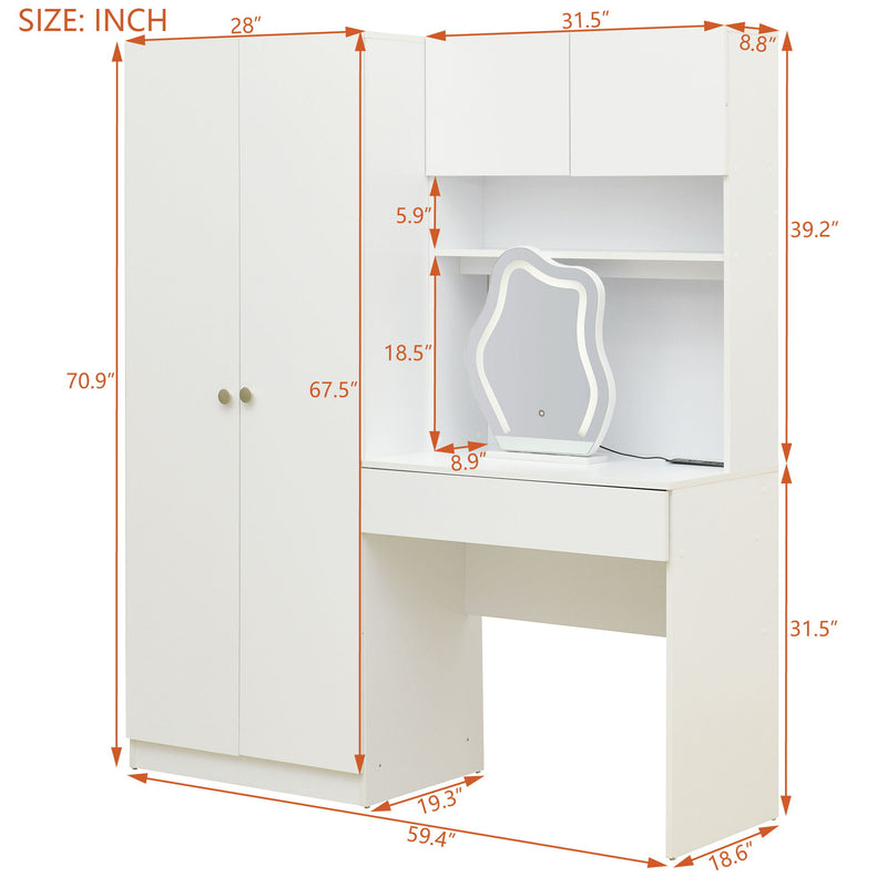 2 Door Storage Vanity Wardrobe For Bedroom With Makeup Mirror And Drawers - White