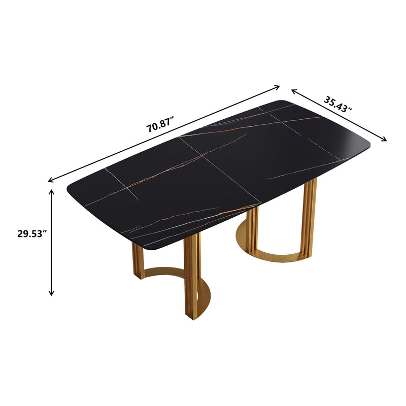 70.87" Modern Artificial Stone Black Curved Metal Leg Dining Table, Can Accommodate 6-8 People - Black / Gold