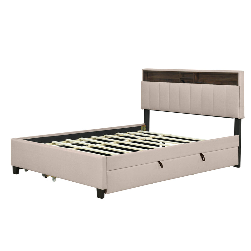 Queen size Upholstered Platform Bed with Storage Headboard, Twin XL Size Trundle & 2 drawers and a set of Sockets & USB Ports, Linen Fabric, Beige