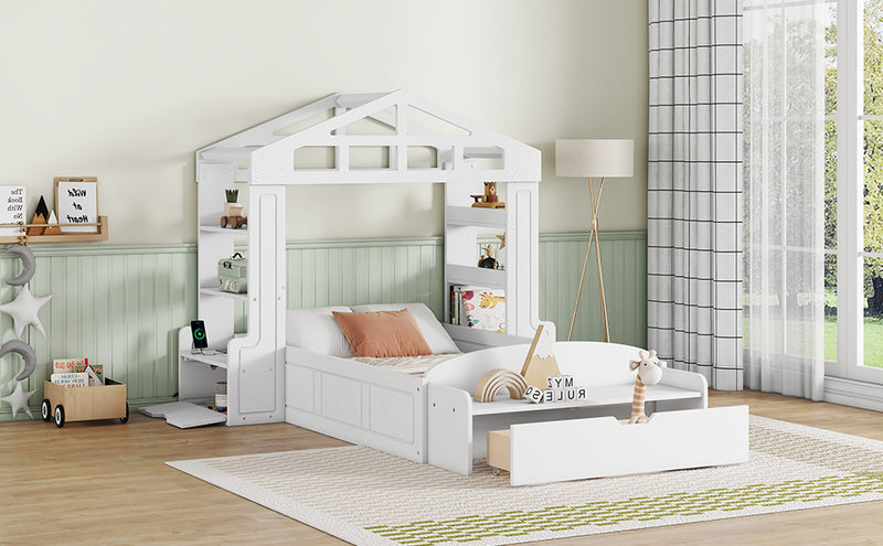 Twin Size House Bed with Bench, Socket and Shelves, White