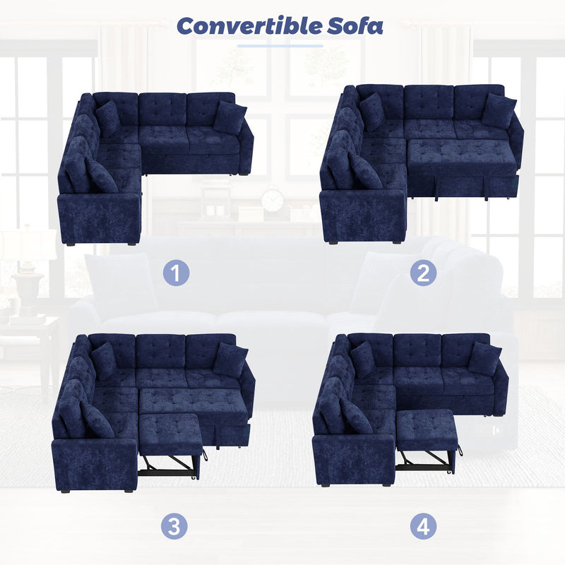 L-Shape Sofa Bed Pull-Out Sleeper Sofa With Wheels, USB Ports, Power Sockets For Living Room