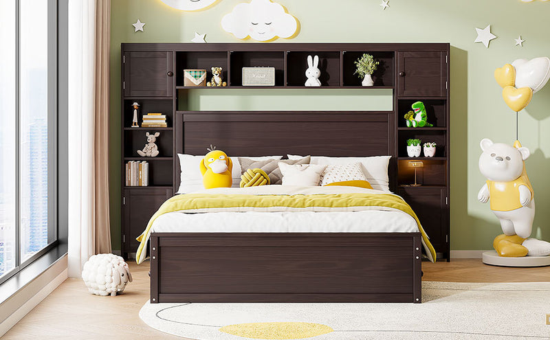 Queen Size Wooden Bed With All-in-One Cabinet, Shelf and Sockets, Espresso