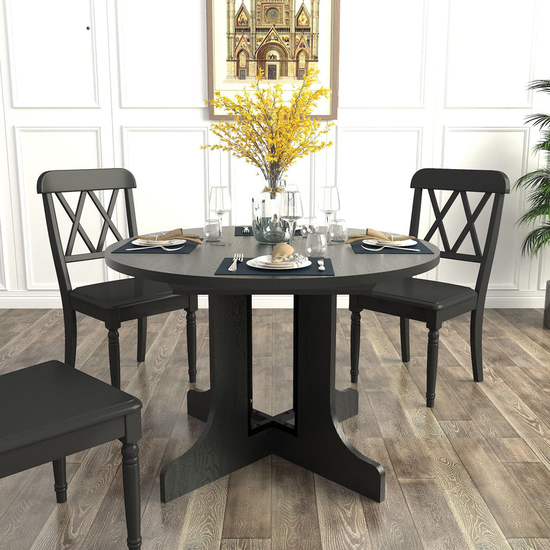 Dining Table For Farmhouse Kitchen Expandable Oval Table Top With Removable Leaf Trestle X Shaped Base - Black