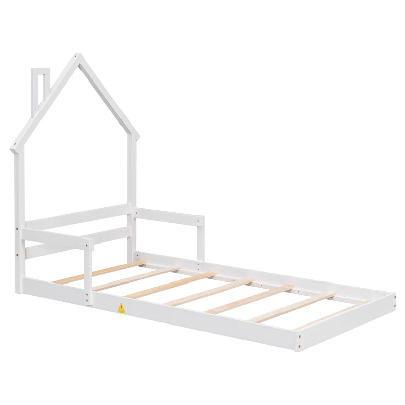 Twin House-Shaped Headboard Floor Bed With Handrails, Slats