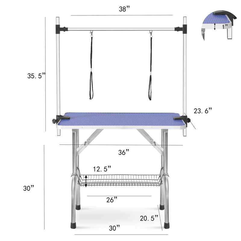 Folding Dog Pet Grooming Table Stainless Steel Frame Rubber Mat On Board With Adjustable Arm And Clamps Pet Dog Cat Grooming Table