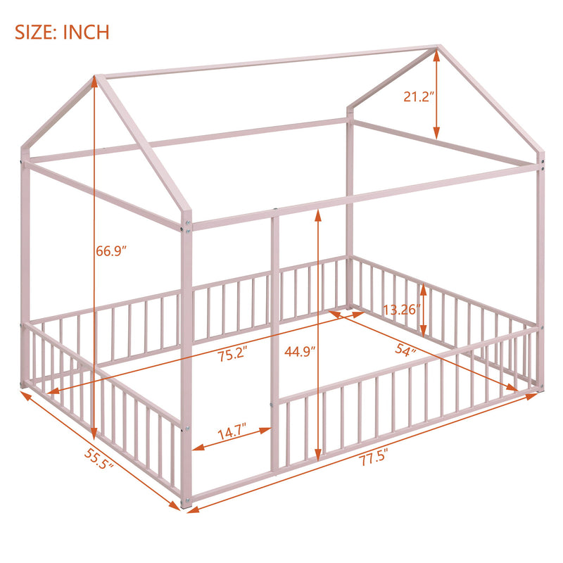 Metal Bed House Bed Frame With Fence, For Kids, Teens, Girls, Boys