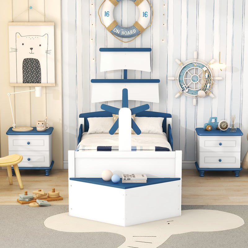 3-Pieces Bedroom Sets,Twin Size Boat-Shaped Platform Bed with  Trundle and Two Nightstands,White+Blue