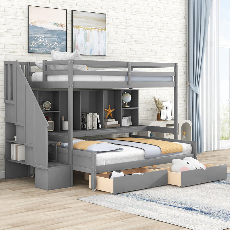 Twin XL over Full Bunk Bed with Built-in Storage Shelves, Drawers and Staircase,Gray