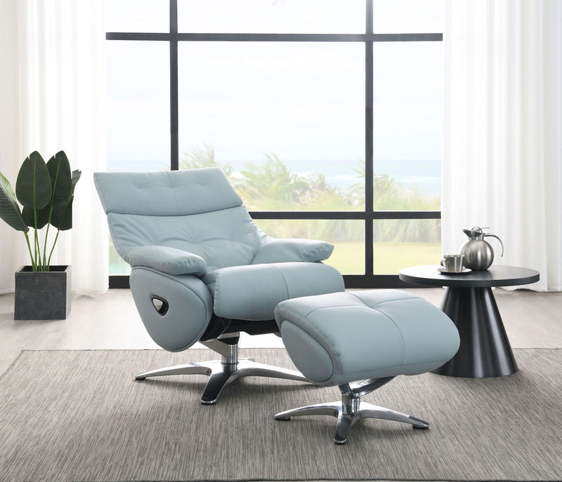 Janella - Top Grain Leather Accent Chair With Swivel & Ottoman - Baby Blue