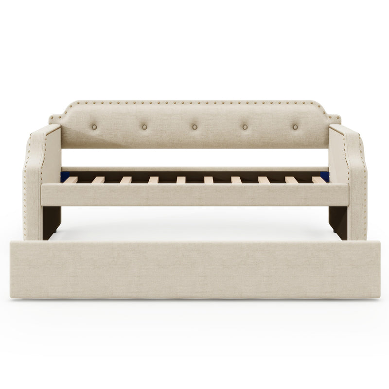 Upholstered Daybed with Trundle, Wood Slat Support,Upholstered Frame Sofa Bed, Twin, Beige