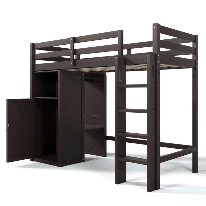 Twin Loft Bed with Wardrobe, Storage Shelves and Ladder, Espresso