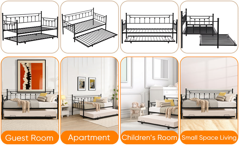 Twin Size Metal Daybed with Pull Out Trundle, Modern 2 in 1 Sofa Bed Frame for Kids Teens Adults,Single Daybed Sofa Bed Frame for Bedroom Living Room Guest Room,No Box Spring Needed