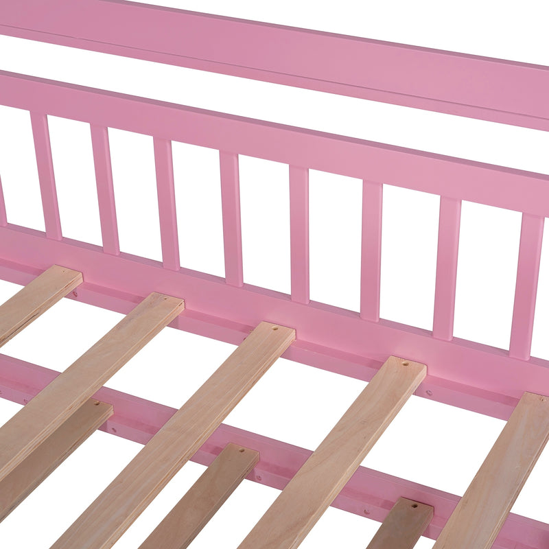 Wooden Twin Size House Bed with Trundle,Kids Bed with Shelf, Pink