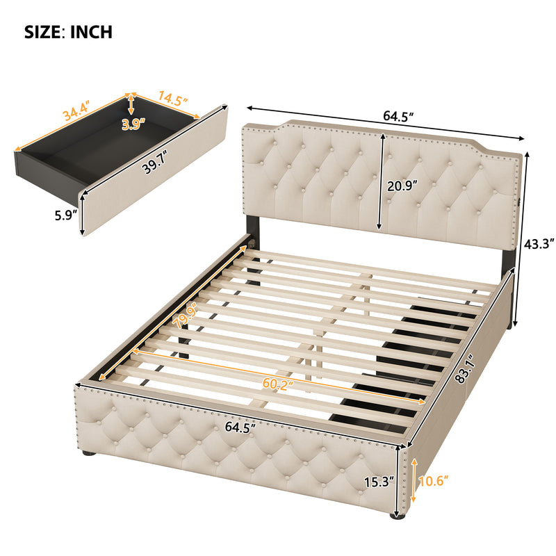 Upholstered Platform Bed With 2 Drawers And 2 Sets Of USB Ports On Each Side, Linen Fabric